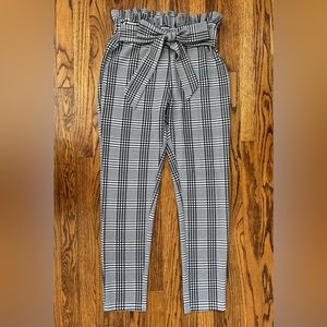 Women Plaid Black and White Paper Bag Waist Pant